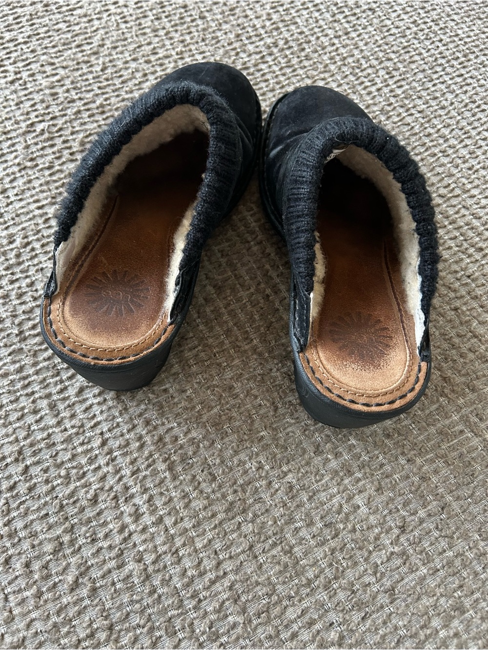 UGG Black Suede Wedge Clogs. With Fleece Lining, Knit-Cuffs, and 2.5” heal. Sz 9 - Picture 3 of 7